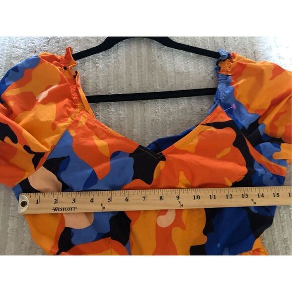 Tabitha Brown Tropical Floral Print Puff Sleeve Tie-Back Midi Dress SZ 4 - Picture 9 of 12